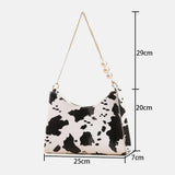 hoombox Women Stylish Chain Pearls Decor Exquisite Hardware Cow Pattern Stitch Craft Waterproof Underarm Bag Handbag