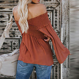 hoombox Elastic Off Shoulder Long Flare Sleeve Plain Pleated Loose T-Shirts