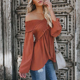 hoombox Elastic Off Shoulder Long Flare Sleeve Plain Pleated Loose T-Shirts