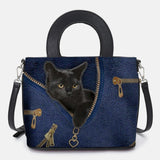 hoombox Women Faux Leather Cartoon Black Cat Pattern Multi-carry Handbag Crossbody Bag Satchel Bag