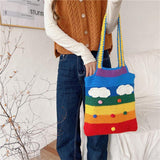 hoombox Women Rainbow Stripe Cartoon Cute Casual Youth Wool Knitted Bag Handbag Tote Crossbody Bag