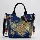 hoombox Women Canvas Embroidery Peacock Pattern Ethnic Style Multi-carry Handbag Crossbody Bag Shoulder Bag