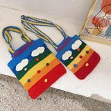 hoombox Women Rainbow Stripe Cartoon Cute Casual Youth Wool Knitted Bag Handbag Tote Crossbody Bag