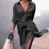 hoombox Tie Waist Button Down Elegant Shirt Dress 3/4 Sleeve Casual Dress