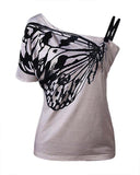 hoombox One Shoulder Butterfly Print Casual T-shirt