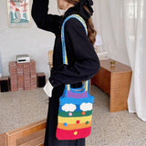 hoombox Women Rainbow Stripe Cartoon Cute Casual Youth Wool Knitted Bag Handbag Tote Crossbody Bag