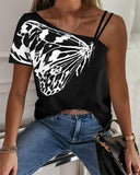 hoombox One Shoulder Butterfly Print Casual T-shirt