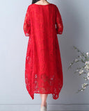 hoombox Vintage Women Lace Hollow Out 3/4 Sleeve Fake Two-Piece Dress