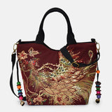 hoombox Women Canvas Embroidery Peacock Pattern Ethnic Style Multi-carry Handbag Crossbody Bag Shoulder Bag