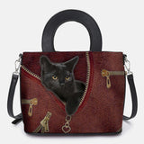 hoombox Women Faux Leather Cartoon Black Cat Pattern Multi-carry Handbag Crossbody Bag Satchel Bag