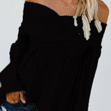 hoombox Elastic Off Shoulder Long Flare Sleeve Plain Pleated Loose T-Shirts