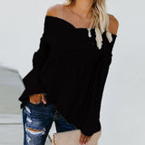 hoombox Elastic Off Shoulder Long Flare Sleeve Plain Pleated Loose T-Shirts