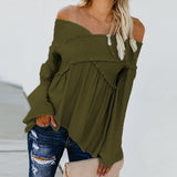 hoombox Elastic Off Shoulder Long Flare Sleeve Plain Pleated Loose T-Shirts