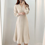 hoombox One Piece Korean Pleated Dress  New Spring Long Sleeve Slim Woman Sweater Dresses Knitted Vintage Elegant Midi Party Dress