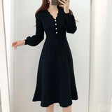 hoombox One Piece Korean Pleated Dress  New Spring Long Sleeve Slim Woman Sweater Dresses Knitted Vintage Elegant Midi Party Dress