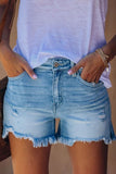 Hoombox  Ripped Fringed Solid Denim Shorts